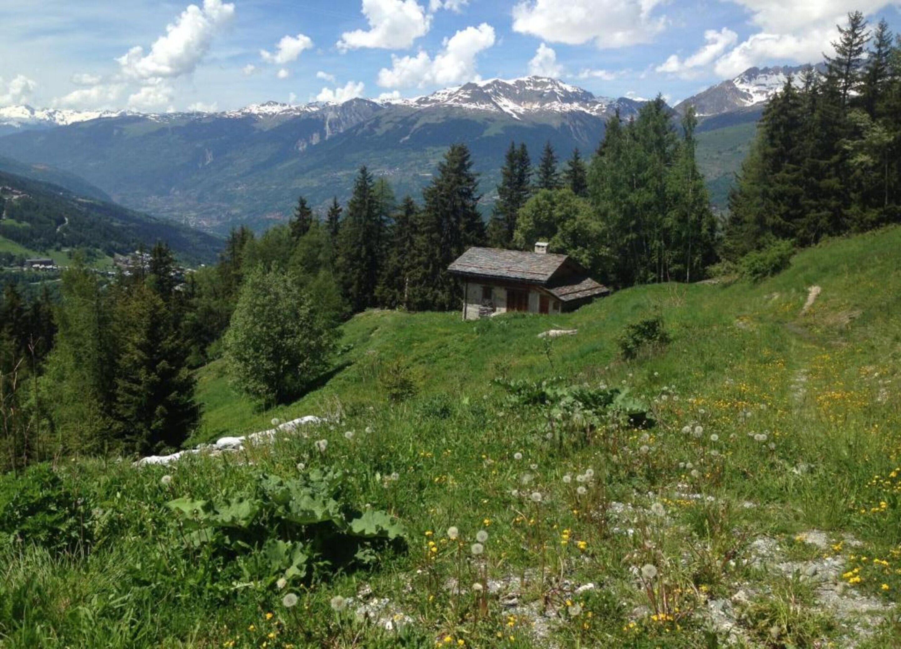 Una cabana en una zona de muntanya amb vista a pics nevats.