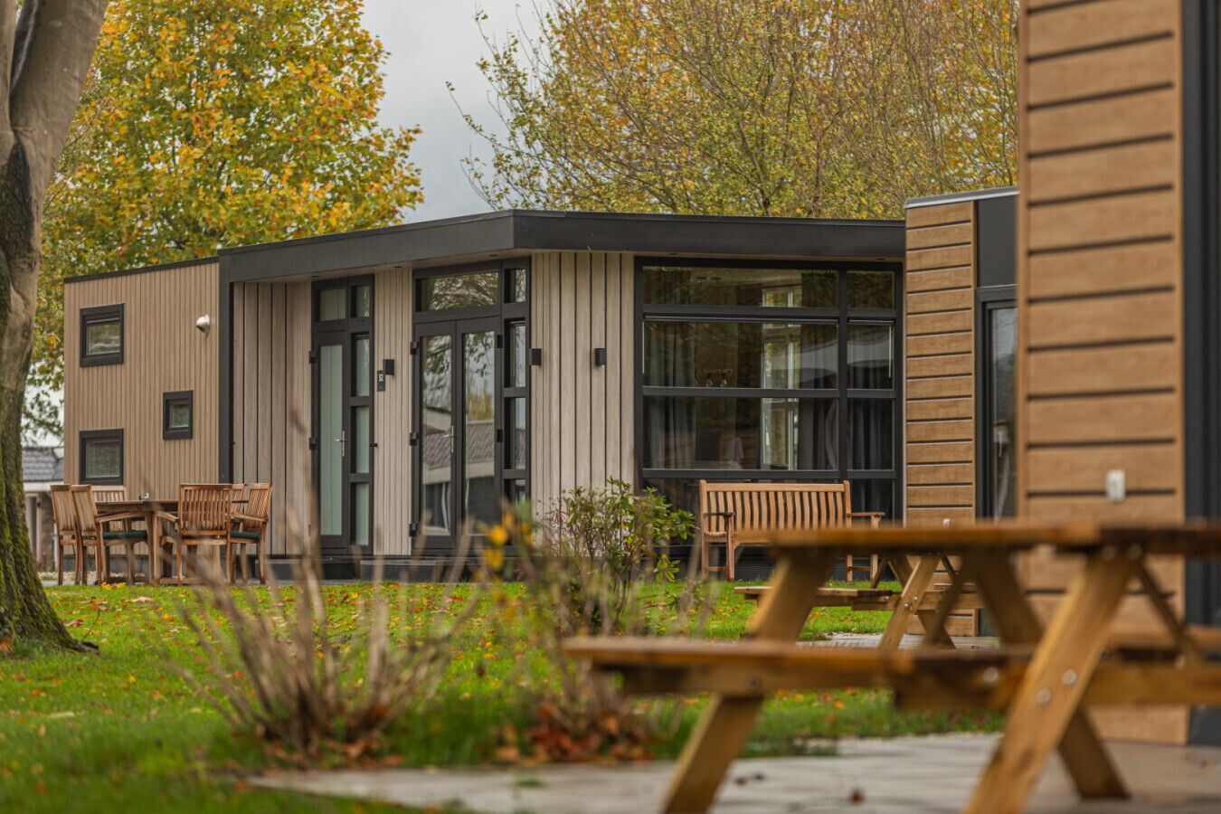 A modern building with a glass facade, wooden deck, and outdoor seating. - Lodge 65 | 6 persoons chalet in Zennewijnen (Zennewijnen)