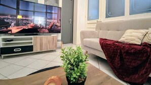 Olohuone, jossa on televisio, sohva, punainen viltti ja ruukkukasvi.