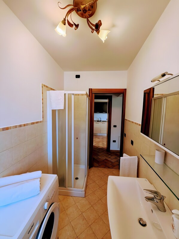 A bathroom with a shower, a sink, a mirror, and a ceiling light fixture.