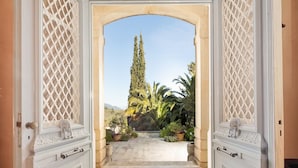 Uma porta em arco que dá para um pátio com uma árvore alta e vasos de plantas.