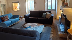 Uma sala de estar com um sofá azul, um sofá marrom escuro, uma mesa de centro de madeira e uma lareira.