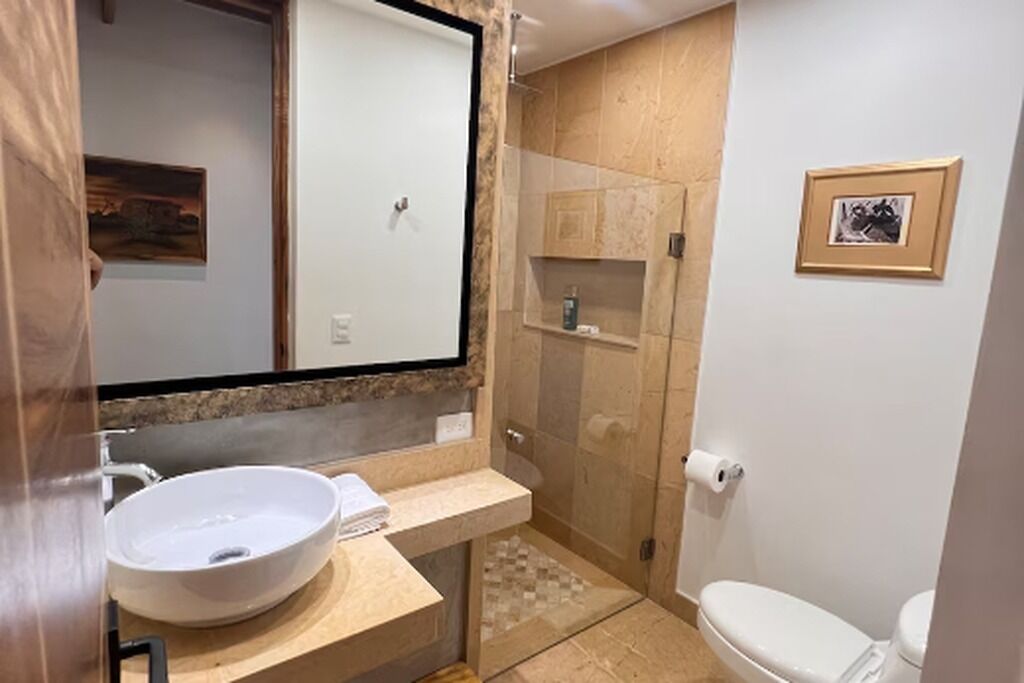 A bathroom with a sink, mirror, shower, toilet, and framed pictures on the wall.