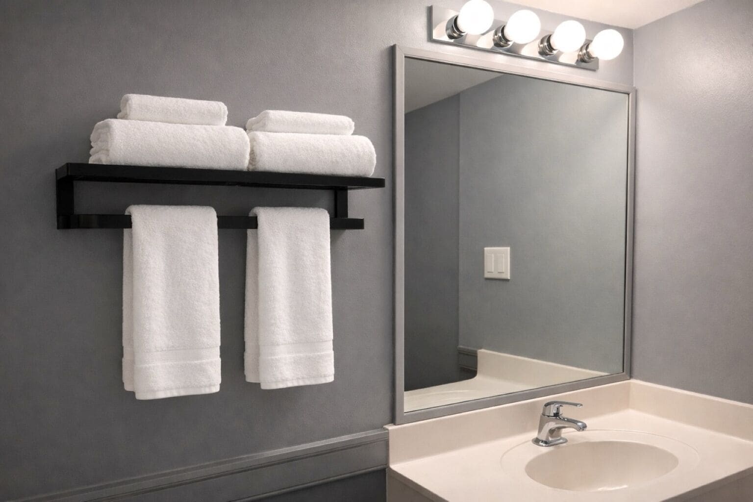Une salle de bain avec un grand miroir, un lavabo et deux serviettes suspendues sur une étagère.