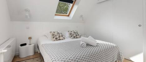 A bedroom with a skylight, a bed with patterned pillows, a bedside lamp, and a woven rug.