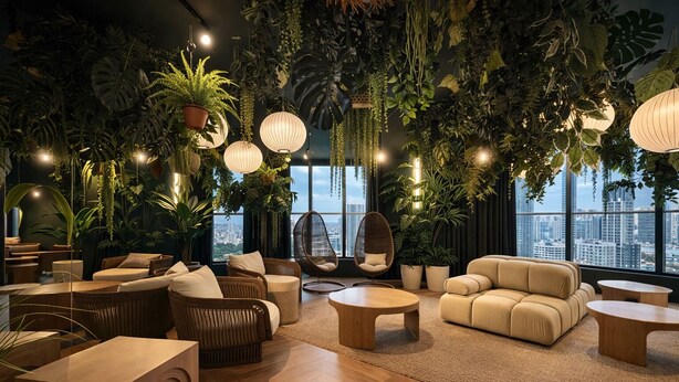 A modern lounge with a city view, featuring wicker furniture, hanging plants, and pendant lighting. - 2408 New Luxury Downtown Retreat, Gym, & Prime Location 1B1B (Miami)