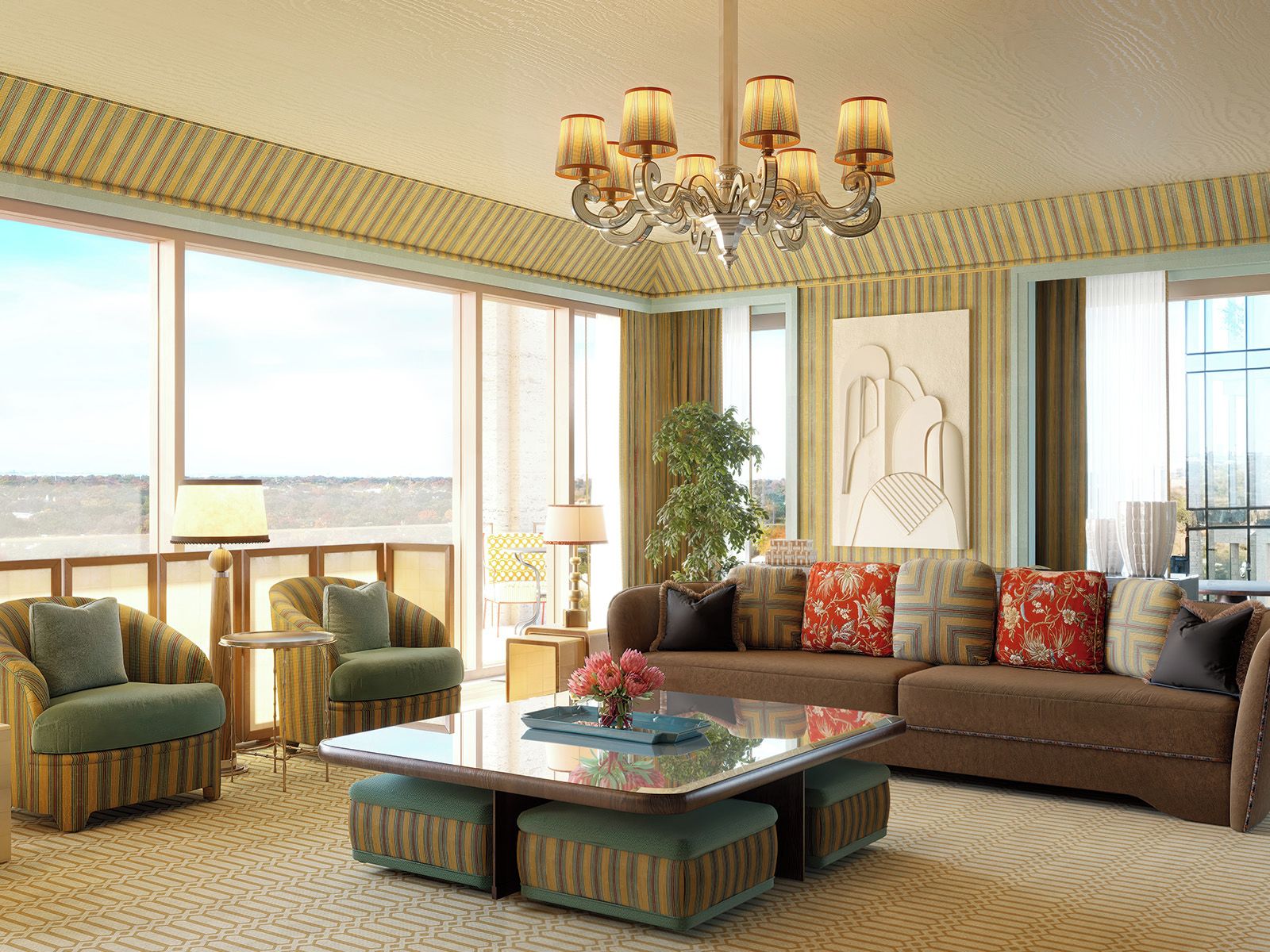A spacious living room with a large window, a chandelier, and a sofa set.