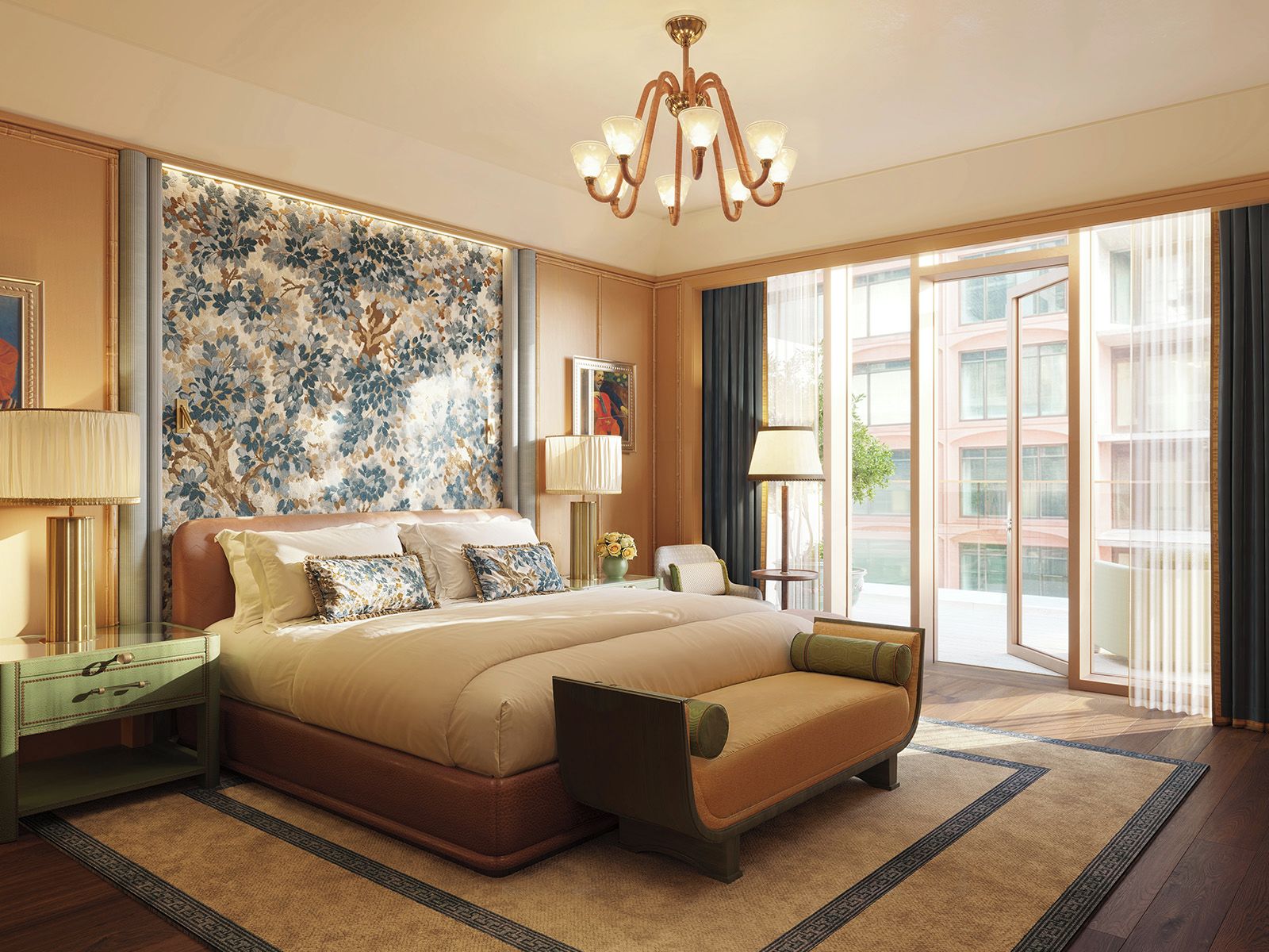 A spacious hotel bedroom with a large bed, a chandelier, a view of the city through the window, and a decorative wall.