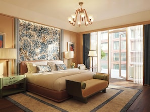 A spacious hotel bedroom with a large bed, a chandelier, a view of the city through the window, and a decorative wall. - The Knox, Auberge Collection (Dallas)