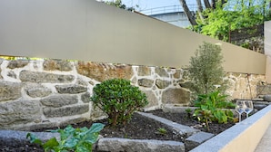 A garden with stone walls, a variety of plants, and a glass of wine on a ledge. - FindMe inPorto Bonfim 0T (Porto)