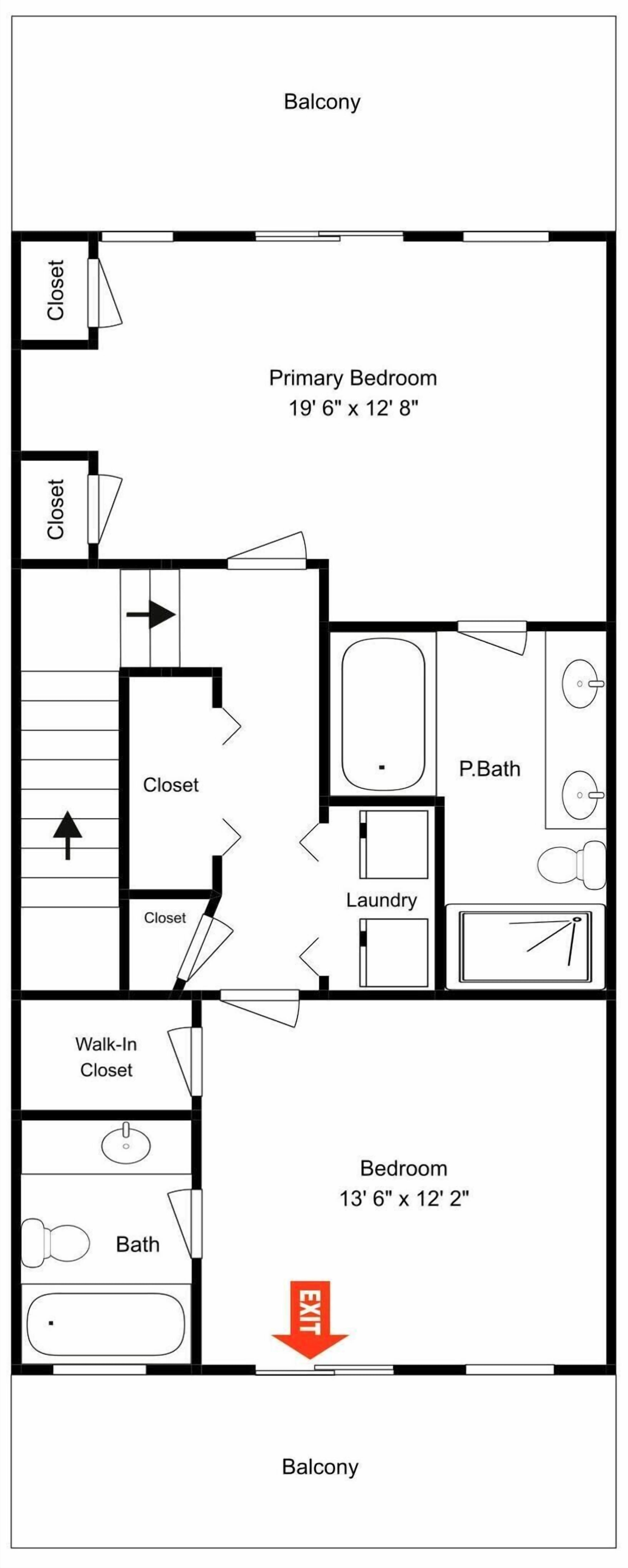 A floor plan of a hotel room with a balcony, a primary bedroom, a walk-in closet, a bathroom, and a secondary bedroom.