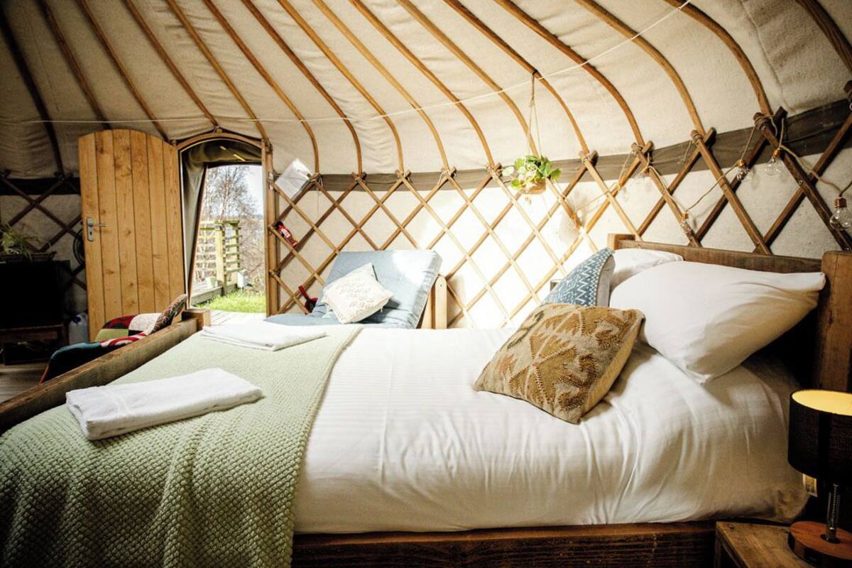 A yurt interior with a bed, pillows, a blanket, and a hanging plant.