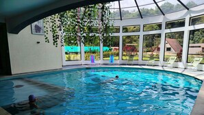 Una piscina con agua cristalina, rodeada por una zona cubierta con amplios ventanales y vegetación visible al exterior.