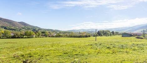 Ländliche Landschaft mit einem Feld, einigen Gebäuden und Hügeln in der Ferne.