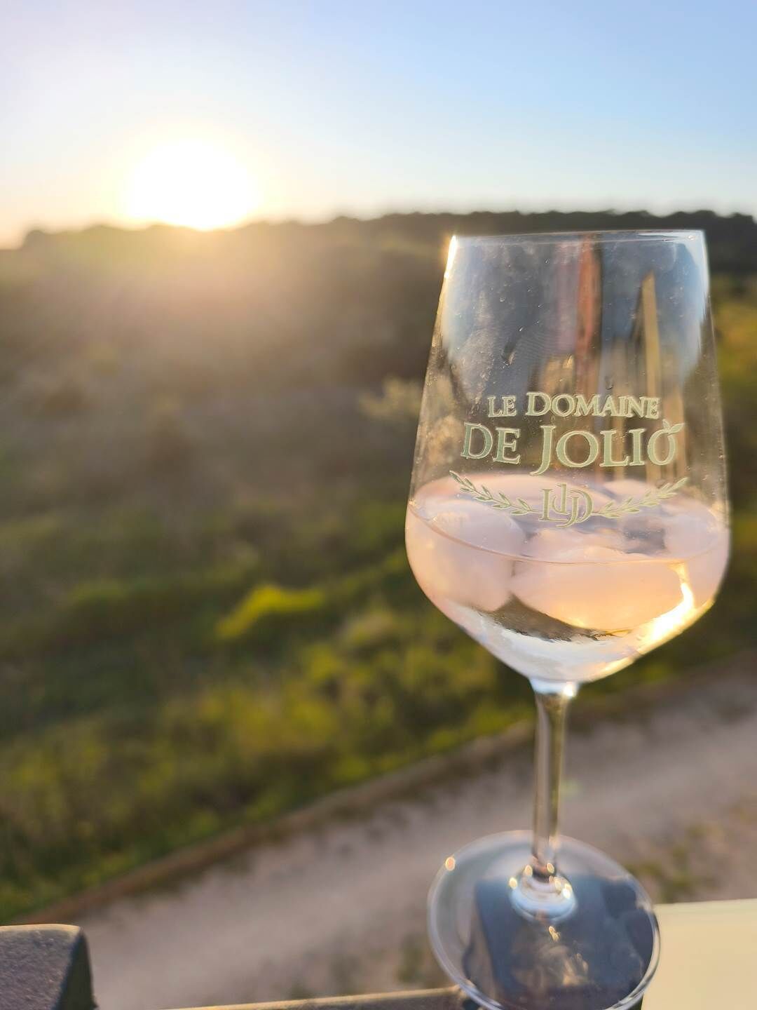 Ein Weinglas mit der eingravierten Aufschrift 'LE DOMAINE DE JOLIO', draußen platziert, mit einer unscharfen Landschaft im Hintergrund.