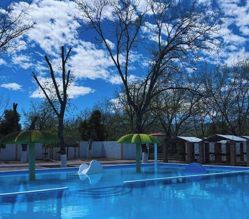 Ein Schwimmbecken mit klarem, blauem Wasser, umgeben von Bäumen und überdachten Bereichen.