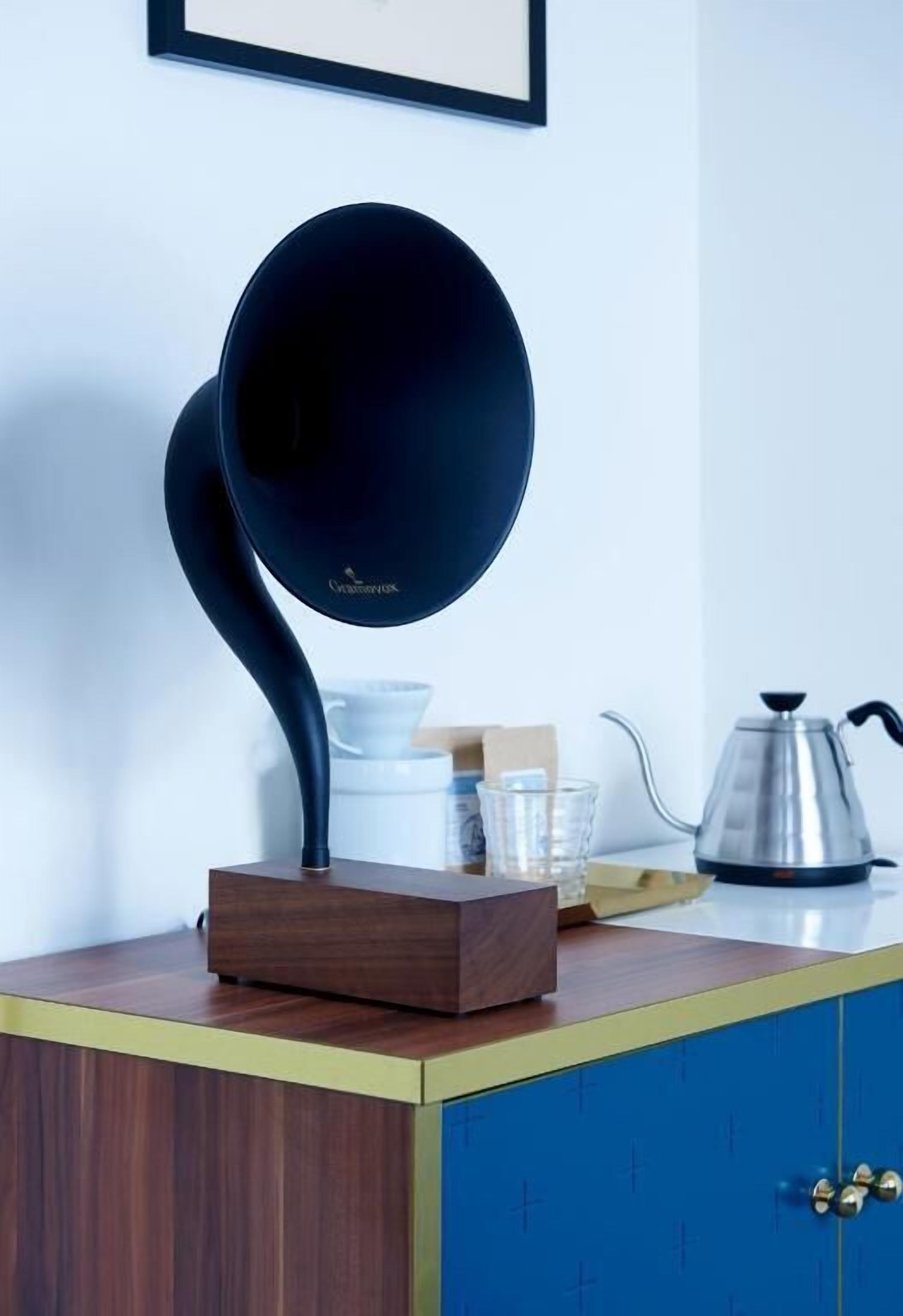 Une cuisine moderne avec une bouilloire noire originale posée sur un support en bois, un meuble bleu et une autre bouilloire en acier inoxydable sur le plan de travail.