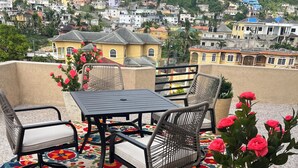 Um terraço com mesa e cadeiras, um tapete decorativo e plantas em vasos.