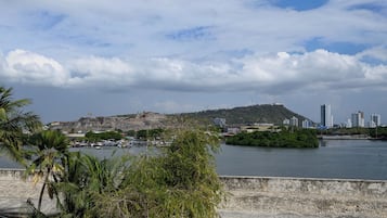 Un paisaje urbano costero con una colina destacada, un puerto deportivo con barcos y edificios modernos al fondo.