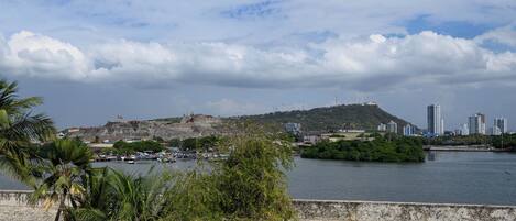 Un paisaje urbano costero con una colina destacada, un puerto deportivo con barcos y edificios modernos al fondo.