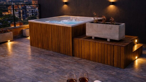 Eine Dachterrasse mit Whirlpool, Sitzgelegenheit und Tisch mit Gläsern und Handtüchern.