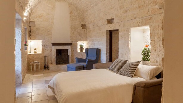 Una habitación con paredes de piedra, una cama, una silla, una mesita, una chimenea y una planta en maceta.