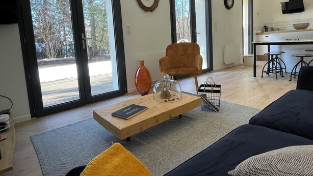 Ein modernes Wohnzimmer mit einer Couch, einem Couchtisch und einem Sessel. Große Fenster bieten Blick auf Bäume.