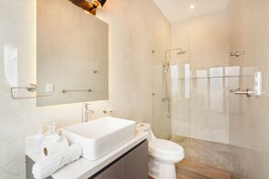 Douche, serviettes fournies, savon, papier toilette