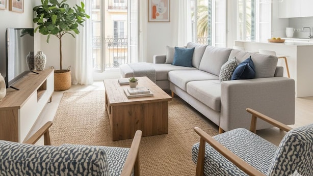Ein modernes Wohnzimmer mit Sofa, Couchtisch und Sesseln, einem Fernseher, einer Pflanze und einem durch eine offene Tür sichtbaren Küchenbereich.