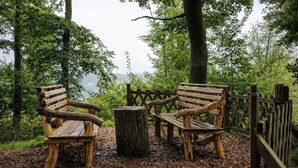 Two wooden benches with a tree stump in between, surrounded by a forested area. - Cozy room for 4 · Shared bathroom · Peaceful area (Březová)