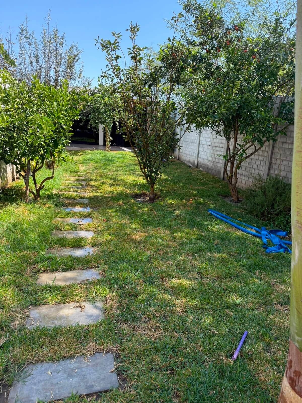 Um jardim com um caminho de pedra que leva a uma estrutura branca, rodeada por vegetação e um muro de tijolos.