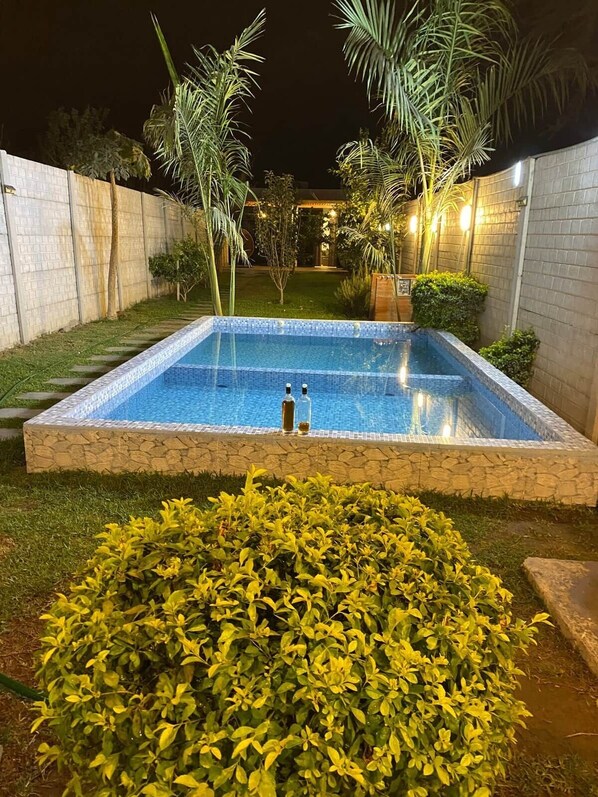 Ein rechteckiger Pool mit Steinrand, umgeben von einer Ziegelmauer und einem gepflegten Garten mit Sträuchern und Palmen.