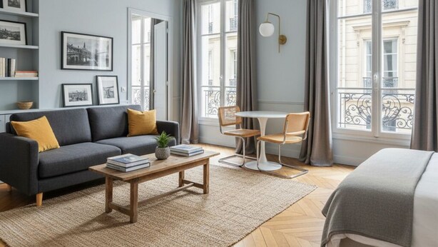 Uma sala de estar moderna com sofá, mesa de centro e área de jantar com cadeiras. Há grandes janelas com cortinas, uma estante com quadros e uma cama com cobertor.