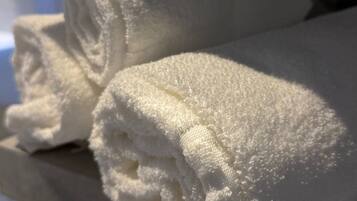 Shower, towels, soap, shampoo