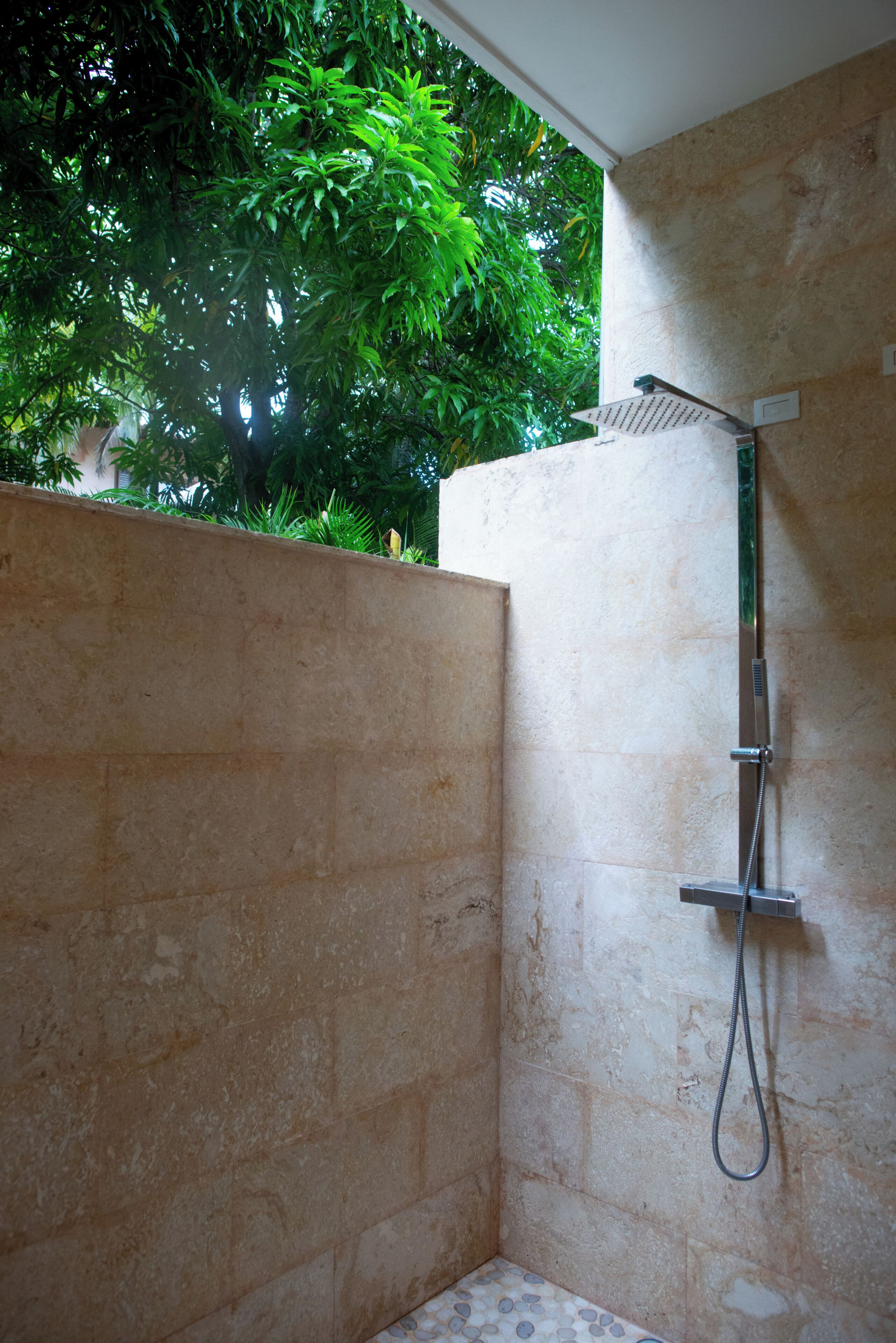 A shower with a handheld showerhead, a wall-mounted control panel, and a view of lush green foliage outside.