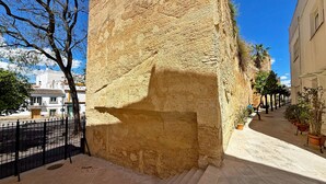 Une rue étroite bordée d’un mur en pierre à la texture particulière, d’une clôture en métal et de plantes en pot.