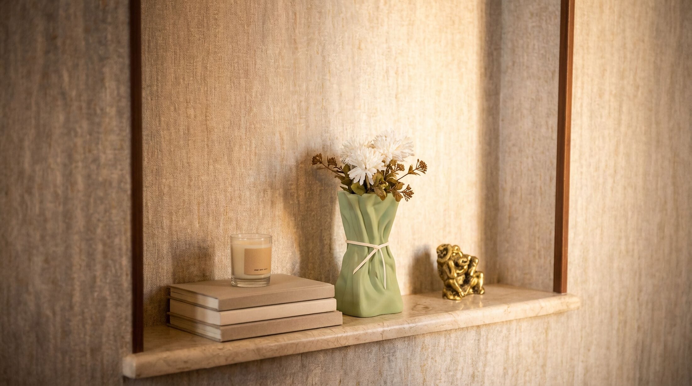 A shelf with a candle, a vase with flowers, and a small figurine.