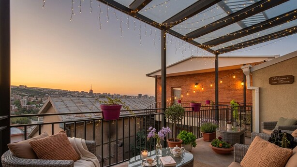 A balcony with wicker furniture, potted plants, and string lights.