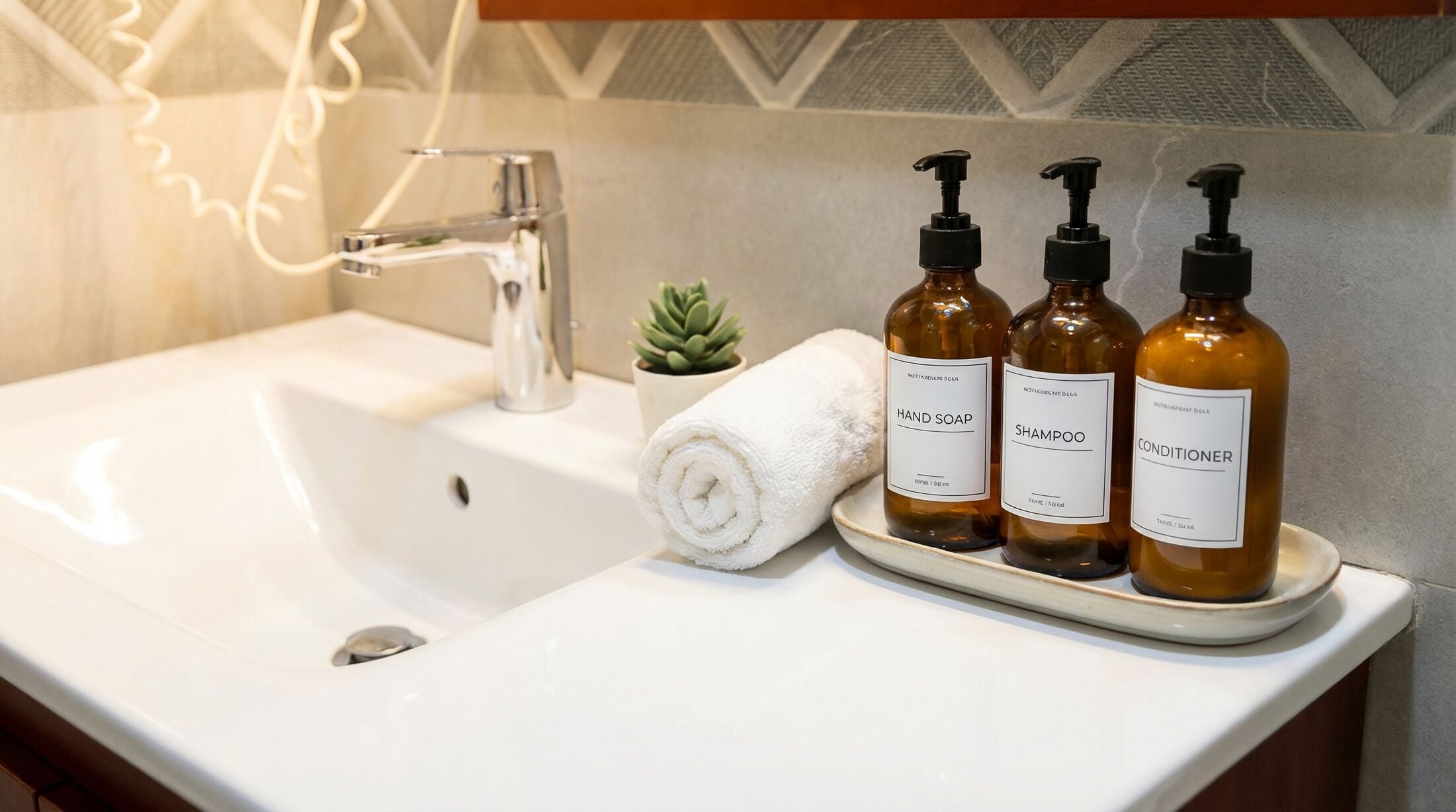 Un lavabo de salle de bain avec une serviette blanche, trois flacons de produits de toilette et une petite plante en pot.