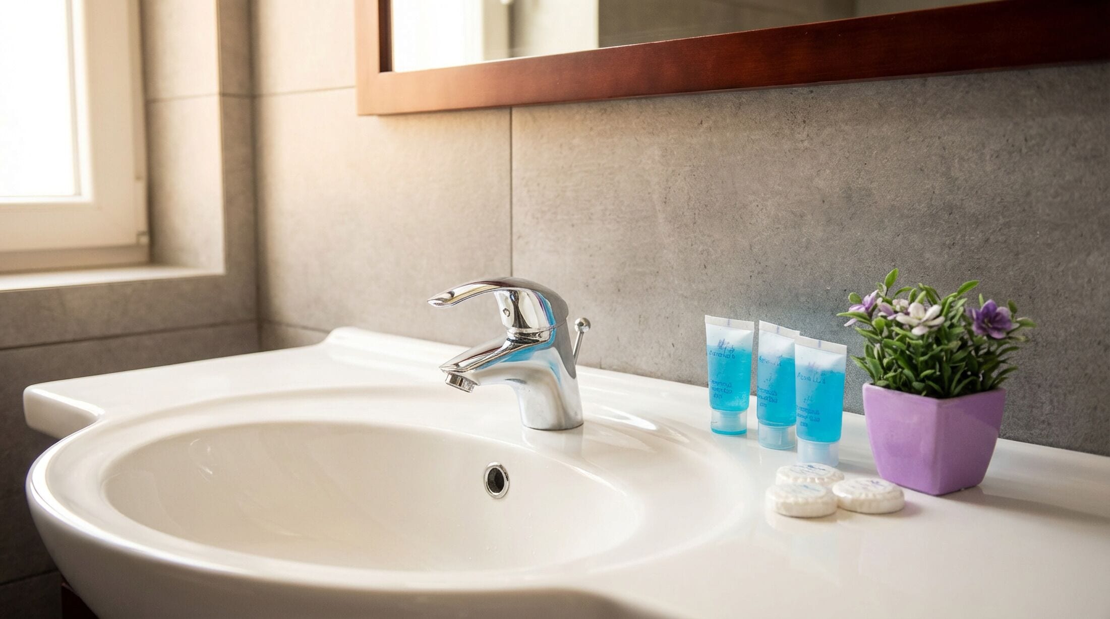 A bathroom sink with a chrome faucet, a mirror above it, and a potted plant with flowers.