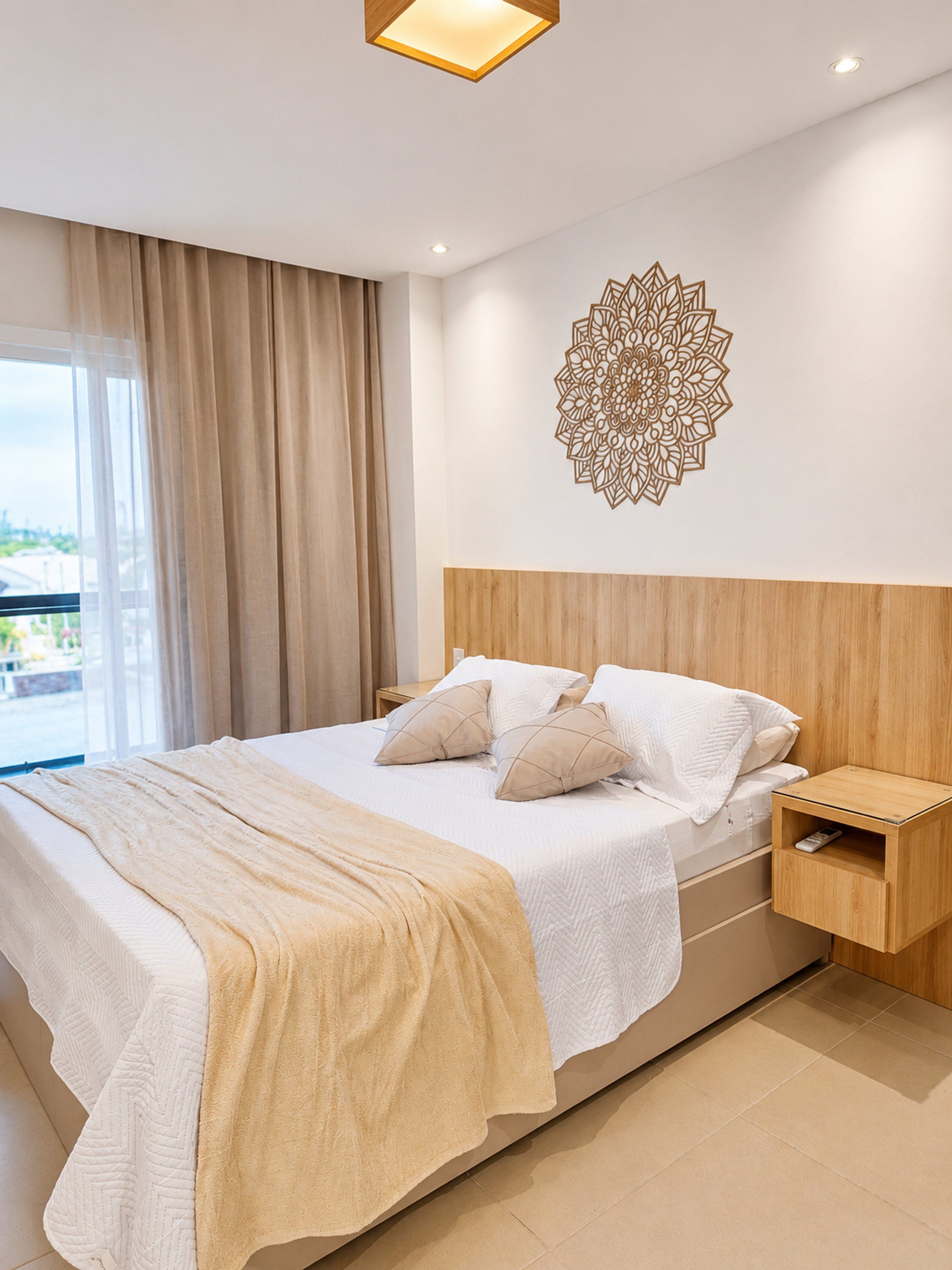 A modern hotel room with a large bed, a wooden headboard, a decorative wall piece, and a view through the window.
