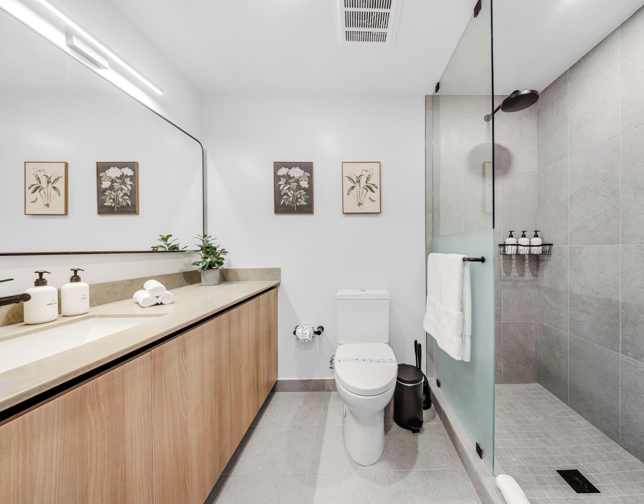 Ein modernes Badezimmer mit einem Holzkosmetikschrank, einer Toilette, einer Dusche mit Glasabtrennung und gerahmten Pflanzenbildern an den Wänden.
