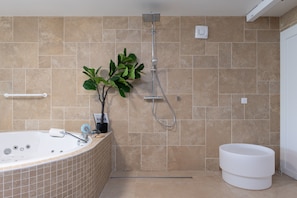 Shower, hair dryer, towels