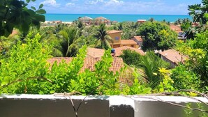 Blick auf die Küste mit Gebäuden, Palmen und blauem Himmel.