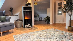 A modern living room with a fireplace, a grey sofa, a patterned rug, and a large potted plant. - To Huus modern apartment with country view near Verden (Verden (Aller))
