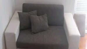 Een moderne, minimalistische woonkamer met een grijze bank en twee kussens.