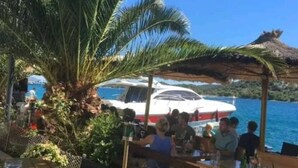 Een boot afgemeerd in de buurt van een strand, met mensen eromheen, palmbomen en een helderblauwe lucht.