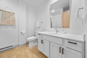A modern bathroom with a white sink, mirror, and toilet. - Enger Lofts Hotel & Marketplace (Duluth)