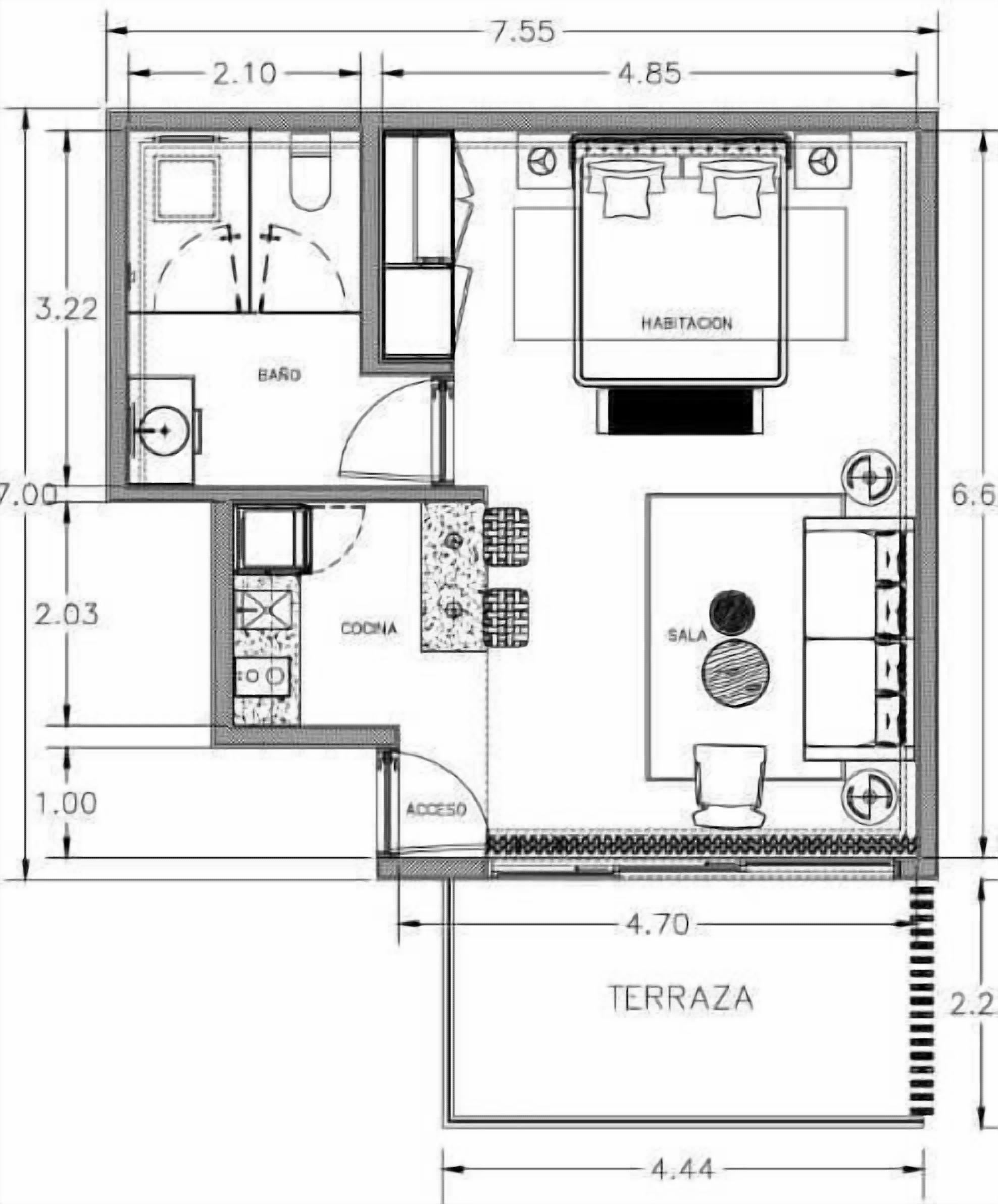 A floor plan with a kitchen, dining area, bathroom, and a terrace.