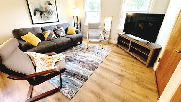 Una sala de estar con sofá, sillón, televisor y ventanas.